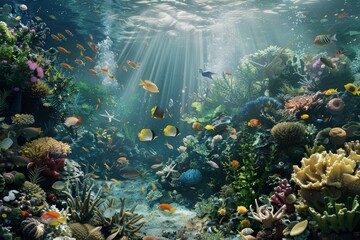 A bustling coral reef under the sea, filled with numerous fish swimming around, A peaceful underwater scene teeming with marine life