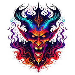 A colorful and detailed illustration of a devil or devilish face, with flames and fire-breathing abilities, on a white background.