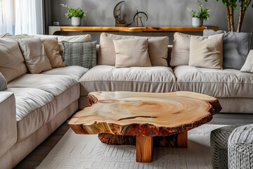 Live edge coffee table near corner sofa. Japandi interior design of modern living room home.