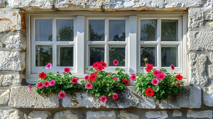   A window adorned with an assortment of flowers on the sill