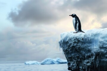 A penguin stands on an iceberg, isolated in a vast icy landscape, A penguin standing alone on an...