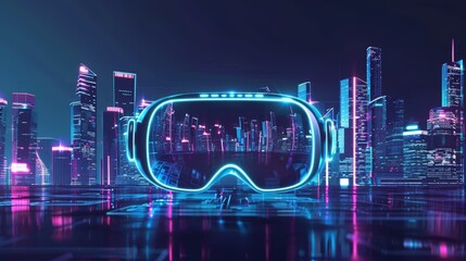 VR headset with glowing neon and cityscape reflection. High-tech visualization in a futuristic urban setting