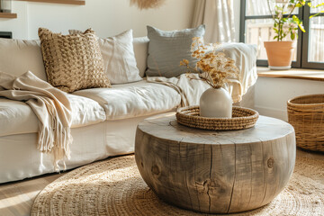 Cozy loveseat sofa near round accent coffee table. Scandinavian home interior design of modern living room in farmhouse.