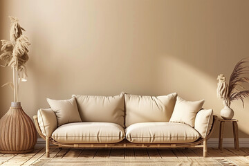 Cozy beige sofa against blank beige wall with copy space. Boho interior design of modern living room home.