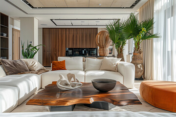Coastal style home interior design of modern living room.