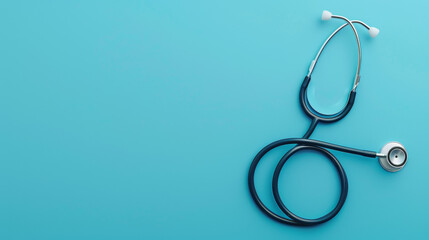 Fototapeta premium Stethoscope on a blue background with space for copy for a medical concept or health care day. Blue color banner design template
