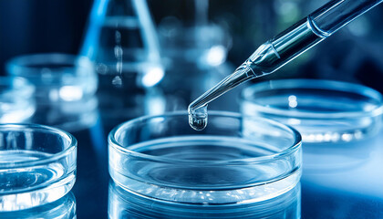 Close up of lab pipette with sample liquid into petri dish. Biomedical research. Science concept.