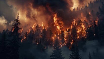 Intense wildfire consuming a forest with towering flames and smoke