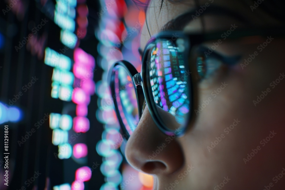 Poster a woman wearing glasses focused on a computer screen, a person wearing glasses and staring intently 