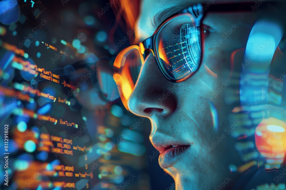 Poster man with glasses focused on computer screen, a person wearing glasses and staring intently at a comp