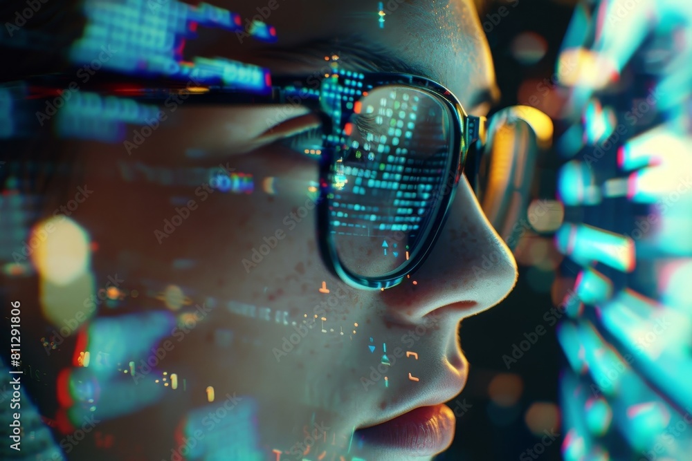 Poster a woman with glasses staring at a computer screen with intensity, a person wearing glasses and stari