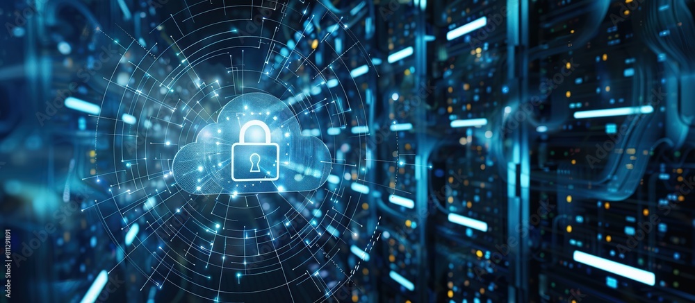 Poster glowing neon cloud icon on dark background. biometrics identification and cyber security concept.