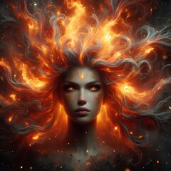 An image of a woman with flames coming out of her head