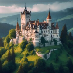 An animated image of a castle on top of a hill in the middle of a, magical castle school on a hill, epic castle with tall spires, castle on the mountain