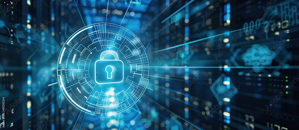 Poster cloud with lock icon surrounded icons of technology and digital marketing in the background.
