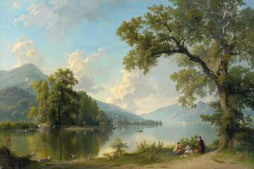A painting depicting a family sitting by a lake, enjoying the calm waters and scenic view, A picturesque landscape scene with a family enjoying a picnic by a tranquil lake