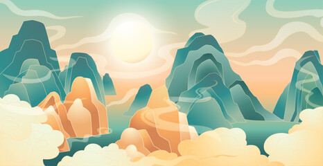 sunrise mountain landscape background vector