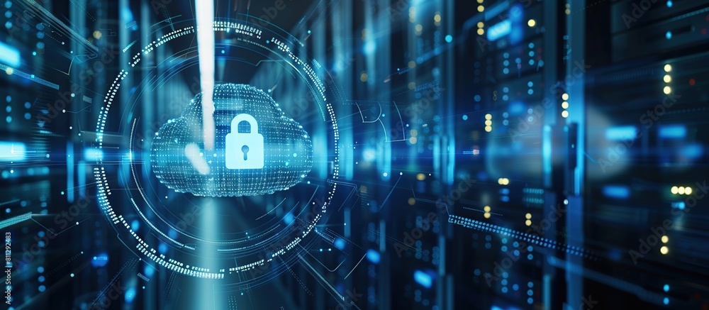 Aufkleber Cloud with lock icon surrounded of technology and digital background with blurred server room.