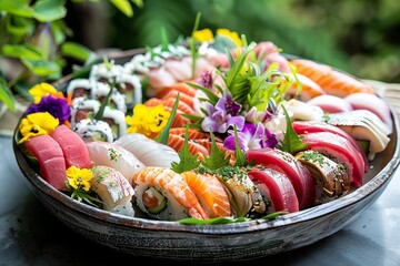 Fresh sushi varieties displayed on a platter alongside vibrant flowers, A picturesque sushi platter with a variety of fresh fish and colorful garnishes