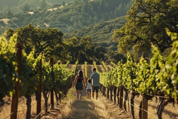 Two individuals stroll along a path lined with trees in a vineyard, A picturesque vineyard with a family tasting wine and taking a leisurely stroll through the rows of grapevines