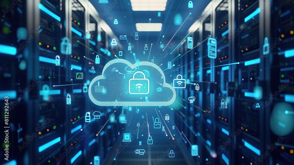 Aufkleber Cloud technology in the future background of an abstract data visualization with blurred server room.