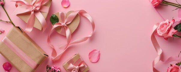 flat lay with pink gifts, roses, and ribbons on a soft pink background