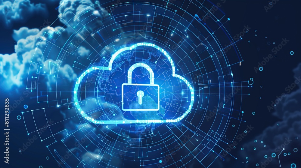 Poster cloud and padlock icon on dark blue background. cyber security and data protection concept.