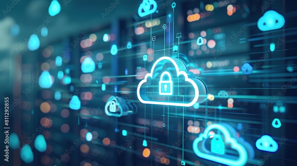 Poster Digital shield and cloud with an abstract lock surrounded by icon data technology.