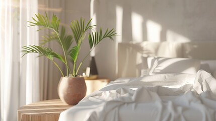 Modern bedroom interior with white bedsheets and plants in pots