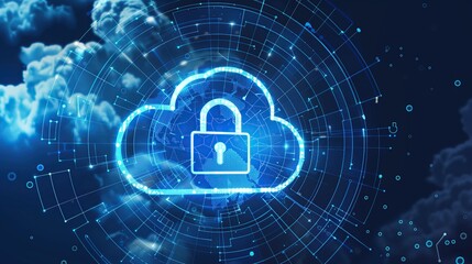 Cloud and padlock icon on dark blue background. Cyber security and data protection concept.