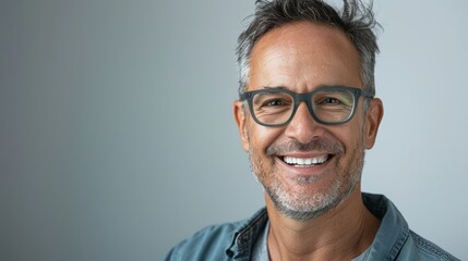 Smiling mature man with gray hair wearing glasses. Studio portrait on a gray background. Friendly senior concept - Powered by Adobe