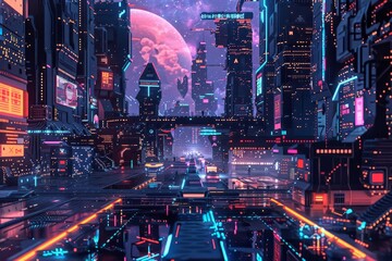 A digitally rendered cityscape adorned with neon lights and a futuristic ambiance at night, A pixelated digital design with a futuristic, tech-inspired aesthetic