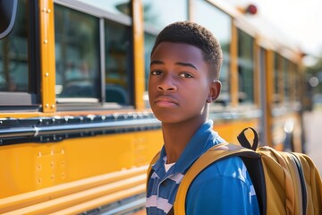 School Bus African American teenage boy Student After Getting Off Of Bus.