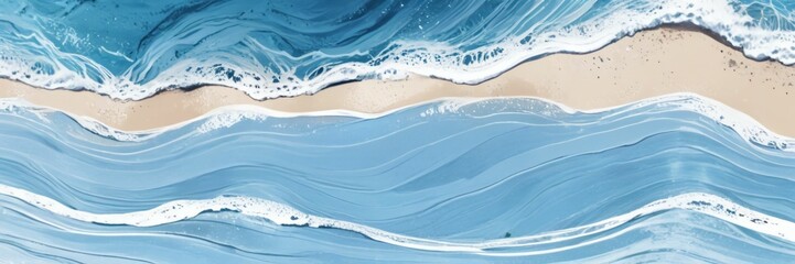 Blue with silver creative abstract ocean background banner for copy space text . Horizontal waves with white sea foam marble texture and sand beach. Water panorama fluid Vita paper collage