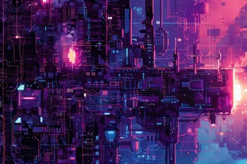 Obraz premium A digital design featuring a multitude of purple and blue lines creating a futuristic pattern, A pixelated digital design with a futuristic, tech-inspired aesthetic