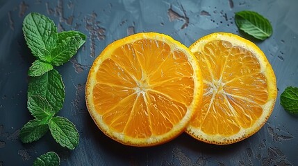   Two oranges cut in half, sitting on a table with mints and a glass of water nearby
