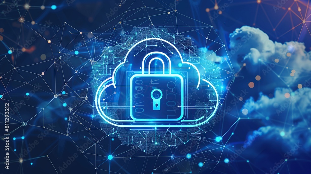 Aufkleber Cloud and padlock icon on dark background of digital technology and cloud network connections.