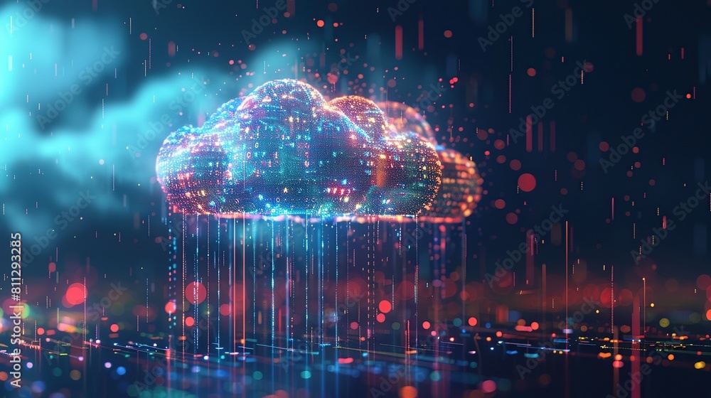 Leinwandbilder Digital data cloud concept with glowing polygonal mesh and rain of binary code on dark background.