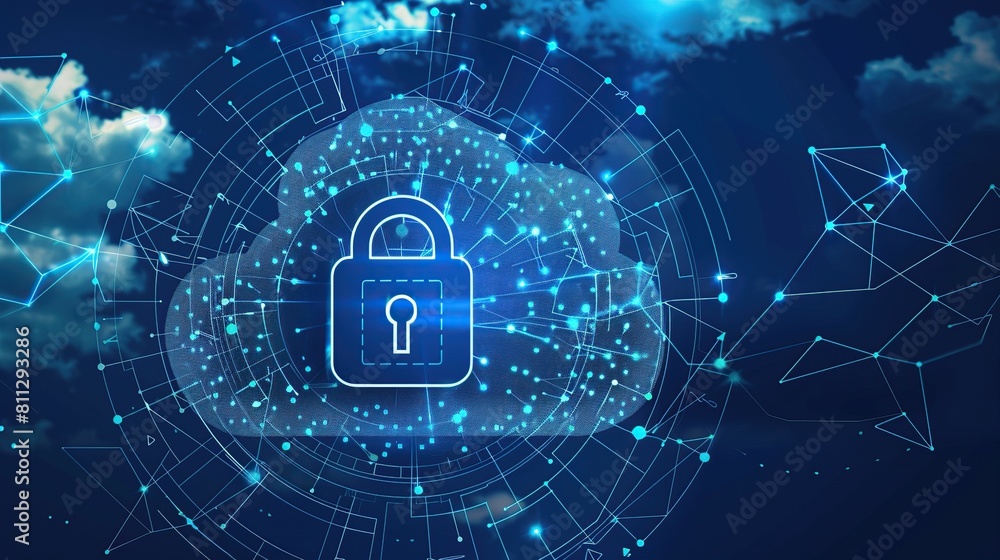 Aufkleber Cloud and padlock icon on dark background. Cyber security data protection business technology concept.