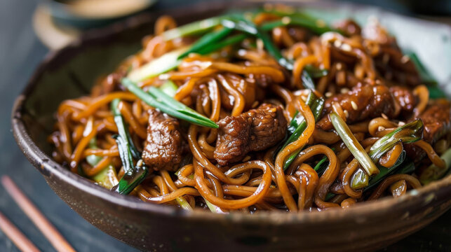 Traditional mongolian beef stir-fry with noodles, seasoned with spices and garnished with fresh green onions, served in a black bowl