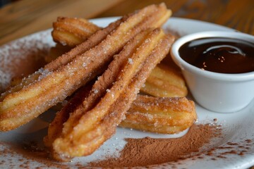 White plate topped with churros coated in cinnamon sugar and served with dipping sauce, Crispy and golden churros dusted with cinnamon sugar