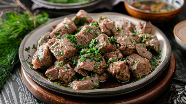 Succulent cubes of mongolian beef garnished with fresh herbs, served on rustic earthenware, capturing authentic asian cuisine's rich flavors