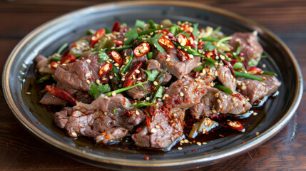Fototapeta premium Traditional mongolian beef dish with fresh herbs and spicy red chili peppers on an authentic platter