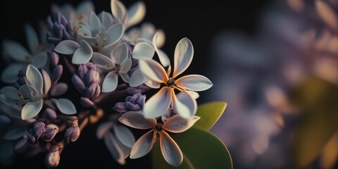A close up image of a white flower with purple edges on a dark background. AIG51A. - Powered by Adobe