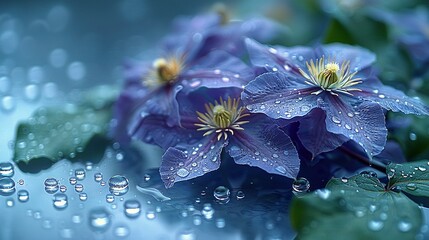   Purple flowers sit on green leaf