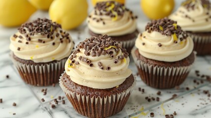   A zoomed-in view of cupcakes adorned with frosting and sprinkles, placed on a plate against a backdrop of lemons