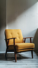 A cheerful yellow chair featuring wooden legs and armrests for added comfort.
