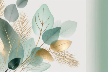 Artistic background with leaves wallpaper for banner design, and poster in sage green, olive, and soft mint colors.