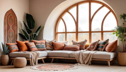 Corner sofa with pillows against arched window. Boho ethnic home interior design of modern living room created with generative ai	
