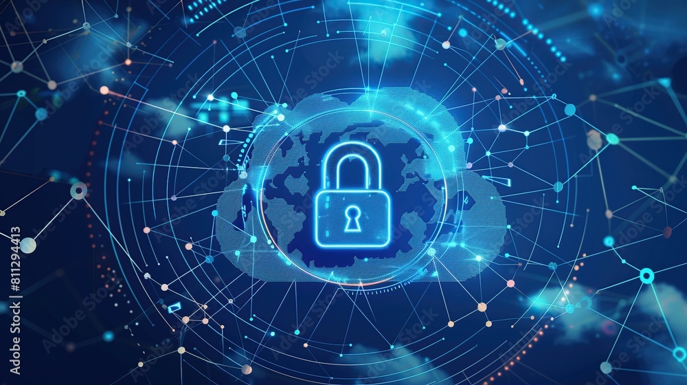 Poster technology global network digital data protection with cloud icon on blue dark background.